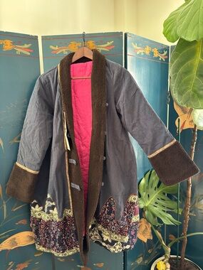 Women's Embroidered Trim Coat Jacket - Pink Lining, Brown Trim